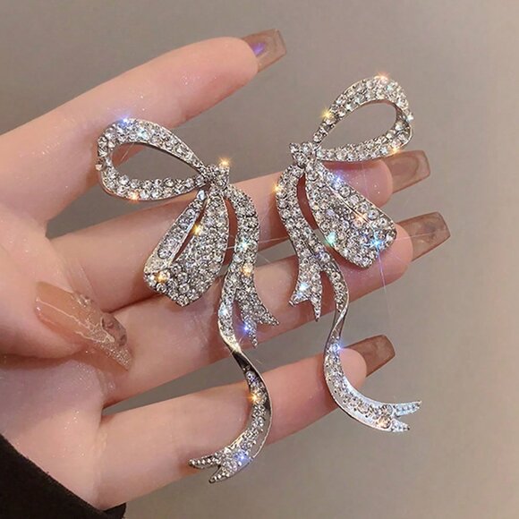 Silver Fashionable Women's Of Full-Diamond Ribbon Bow Earrings